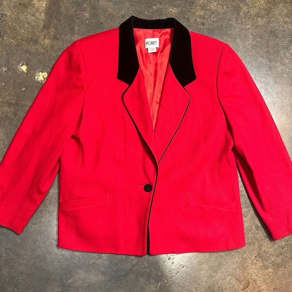 Vintage 90s Koret Blazer Womens Red Black Velvet Collar Jacket Single Button